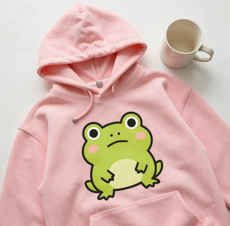 A cozy flat-lay of a pastel pink hoodie printed with a cute anxious frog doodle, next to a ceramic mug, bathed in soft overcast daylight.