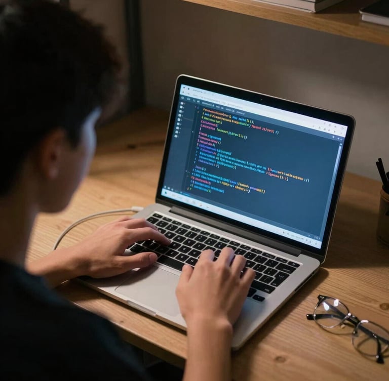 Over-the-shoulder shot of a student coding on a laptop in a dimly lit dorm room, electric blue screen glow reflecting on hands, sharp shadows, high-contrast, candid.
