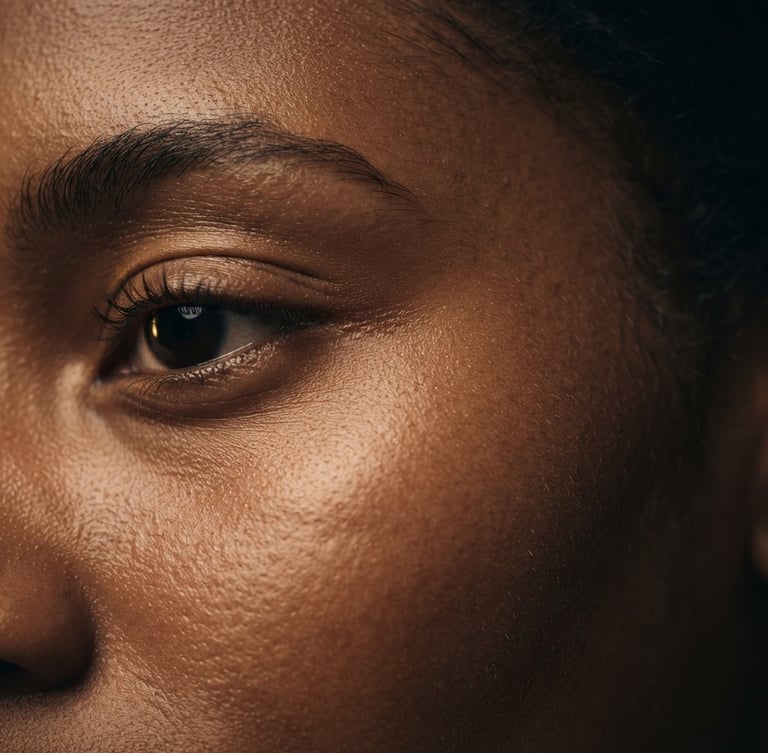 Macro editorial cosmetics photography of clean, healthy skin texture under soft directional studio lighting, warm gold tones, shallow depth of field, 35mm.