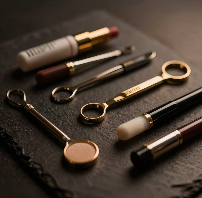 Elegant clinical tools on a dark stone surface, shallow depth of field, warm directional lighting