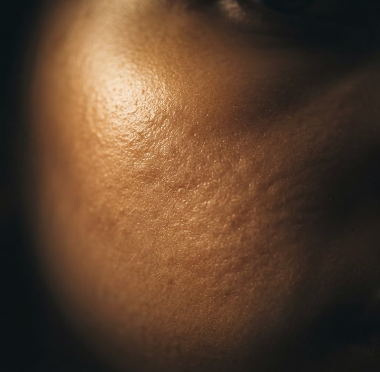 Extreme close-up macro shot of healthy, radiant skin texture under dramatic low-key studio lighting, warm gold tones, 35mm