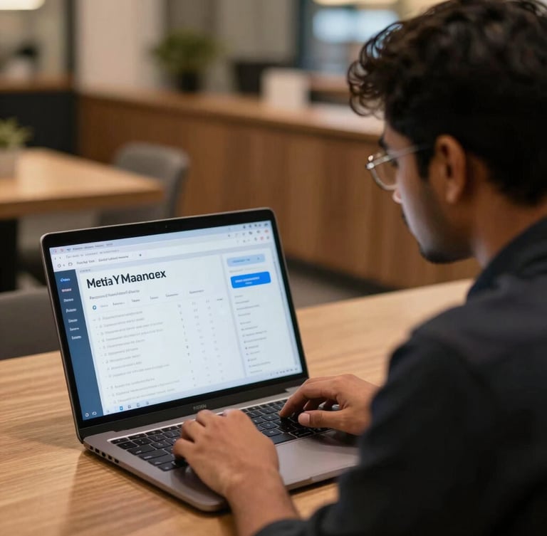 Over-the-shoulder shot of a young Indian marketer analyzing a Meta Ads Manager dashboard on a laptop, warm indoor lighting, Lalpur center vibe.