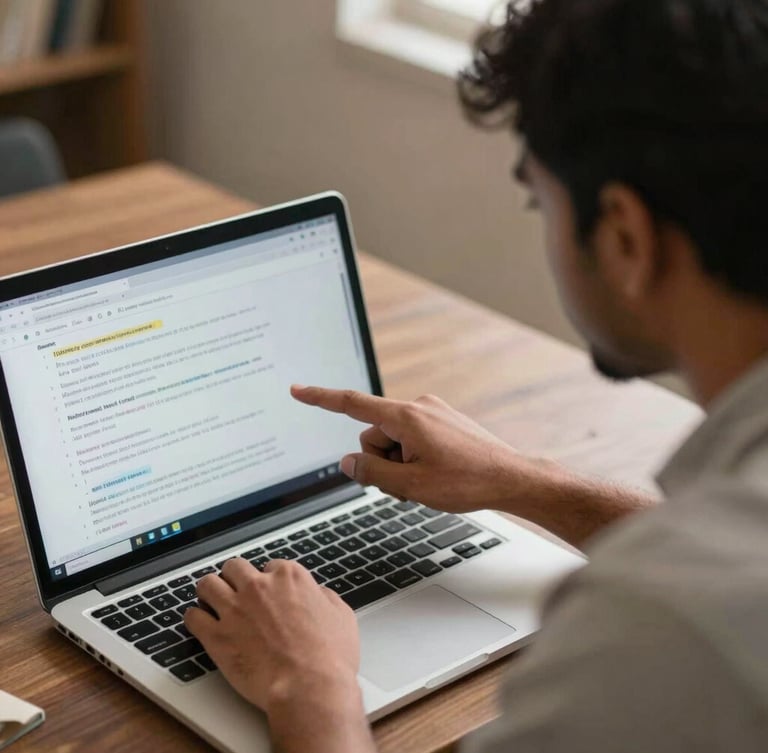 Over-the-shoulder shot of an Indian student in Ranchi writing prompts on a laptop screen, mentor pointing to the interface