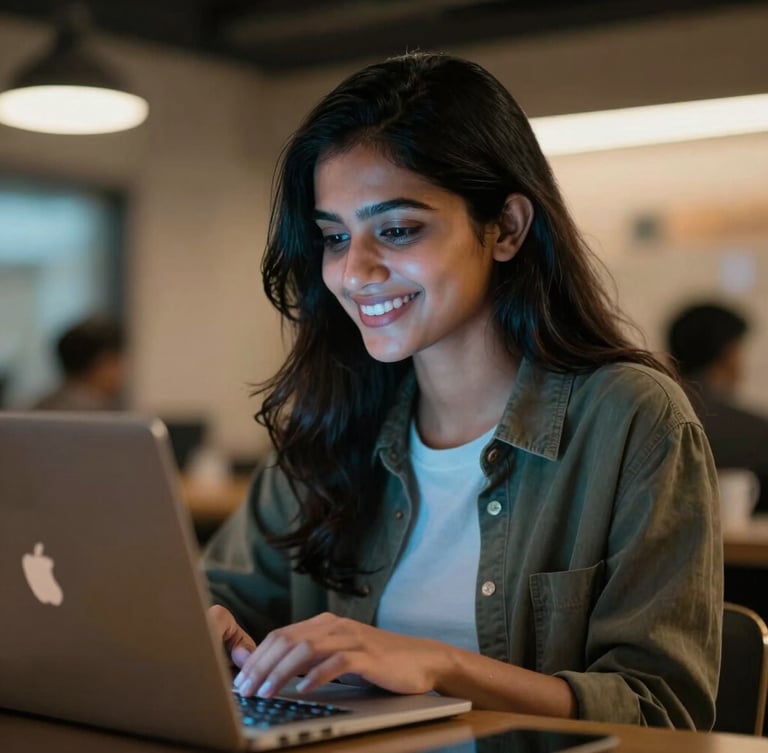 Medium close-up of a young Indian woman smiling while working on a laptop in a modern, neon-lit Ranchi co-working space, cool blue screen glow on her face, warm ambient background.
