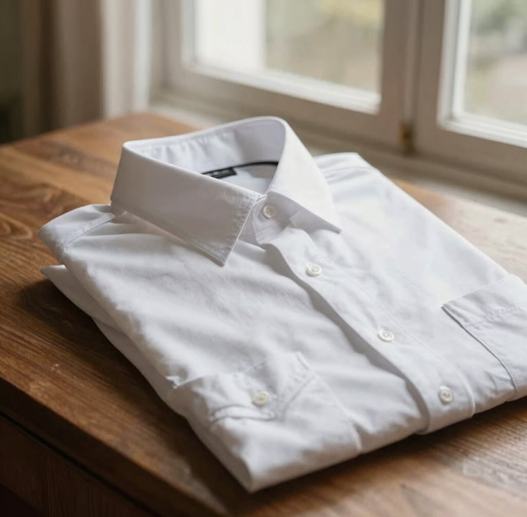Primer plano de una camisa clergyman doblada sobre madera noble, destacando el cuello romano blanco y la textura de algodón premium, luz natural de ventana.