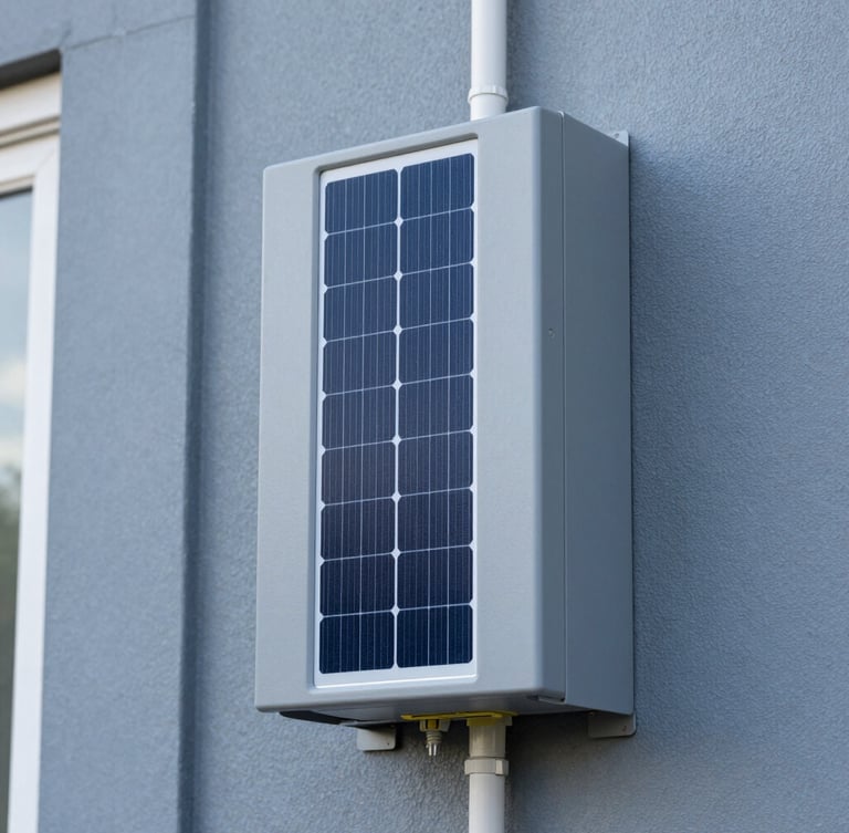 Close-up technical photograph of clean electrical conduit work and a premium solar inverter mounted on an exterior wall, sharp daylight, realistic blue and slate tones, 35mm.