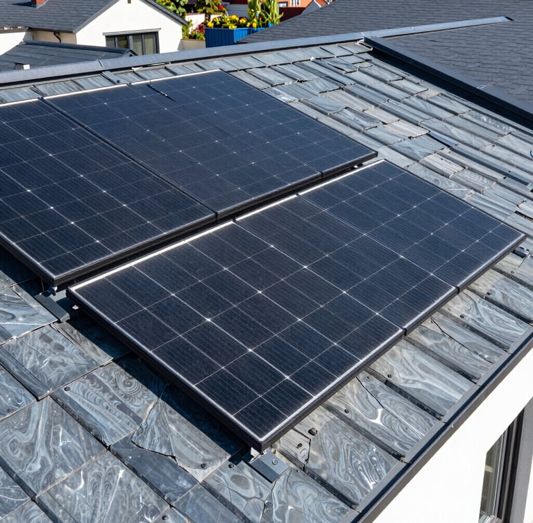 Sharp architectural photography of a modern residential roof with premium black solar panels, bright natural daylight, clean technical details, realistic blue and slate tones, 35mm