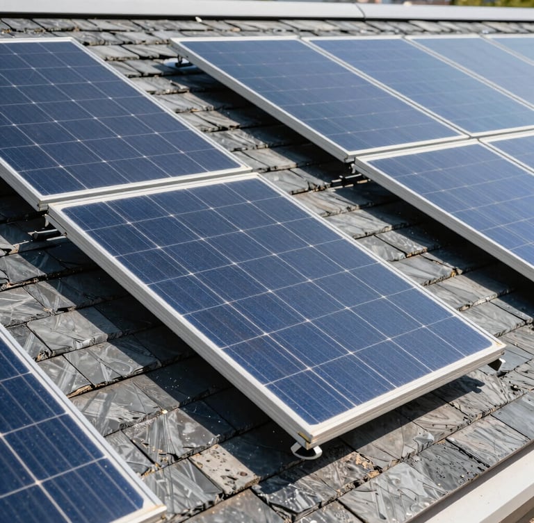 Close-up of premium monocrystalline solar panels installed on a modern slate roof, crisp daylight, architectural lines