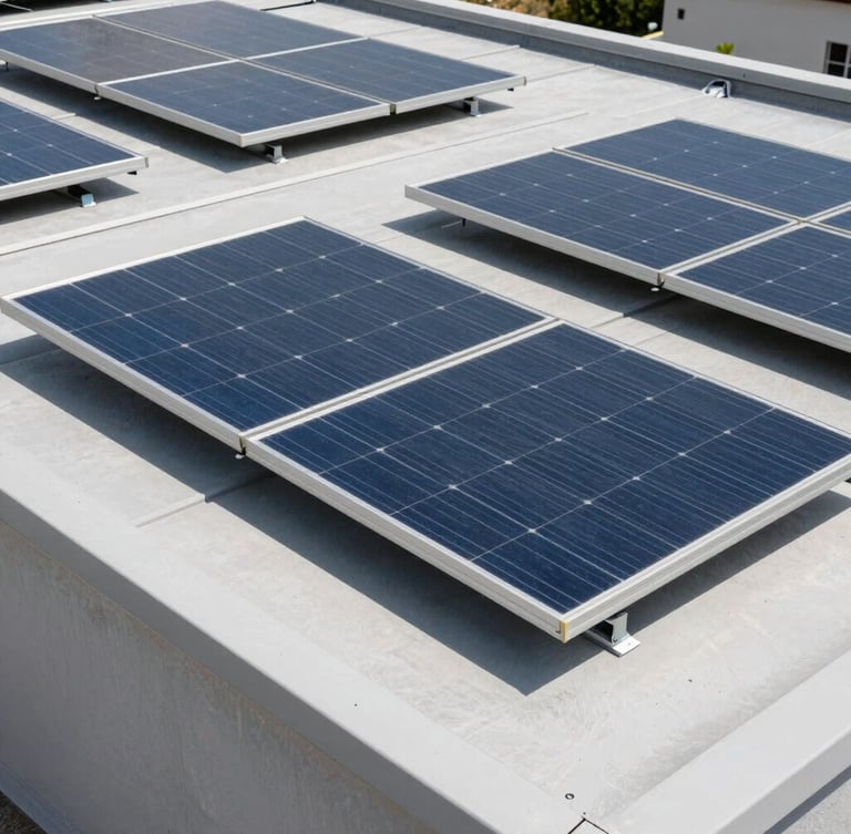 Sharp architectural photography of a modern residential rooftop solar array, clean slate-gray panels aligned precisely, crisp natural daylight with realistic shadows, technical details of mounting brackets visible, 35mm.
