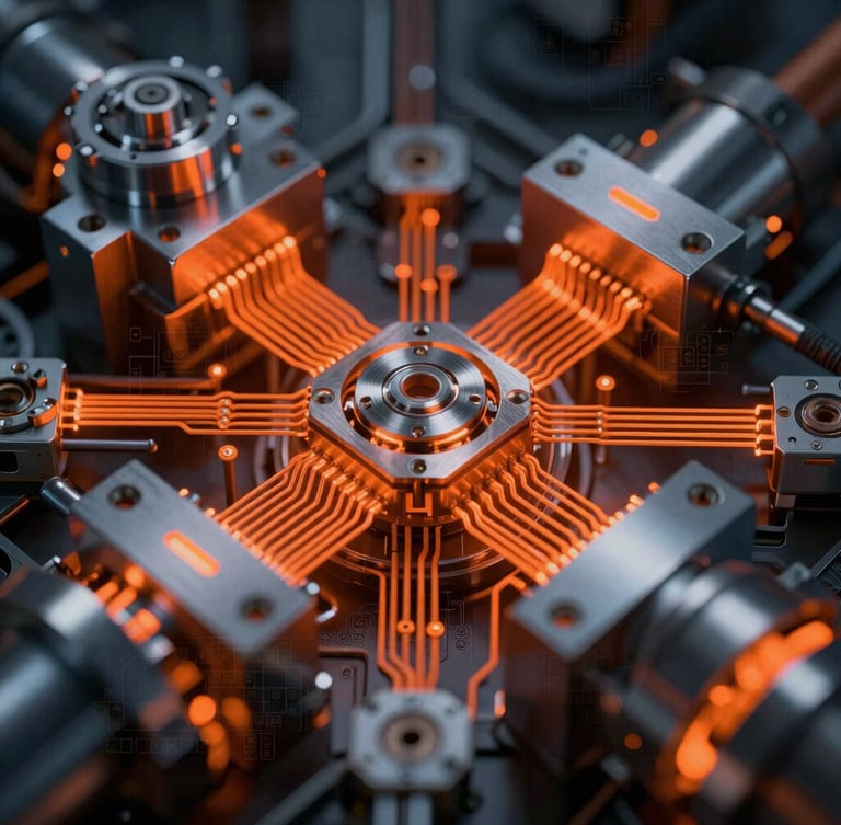 Close-up of complex industrial hardware with glowing orange circuits and brushed steel, schematic overlay, harsh studio lighting.