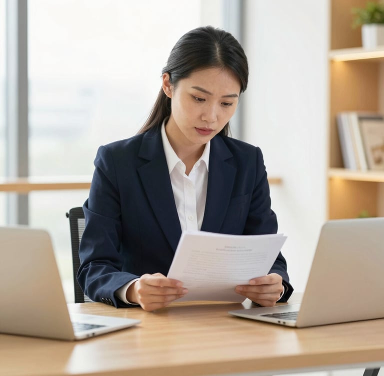 A professional legal consultant reviewing documents in a bright, modern office with soft gold lighting