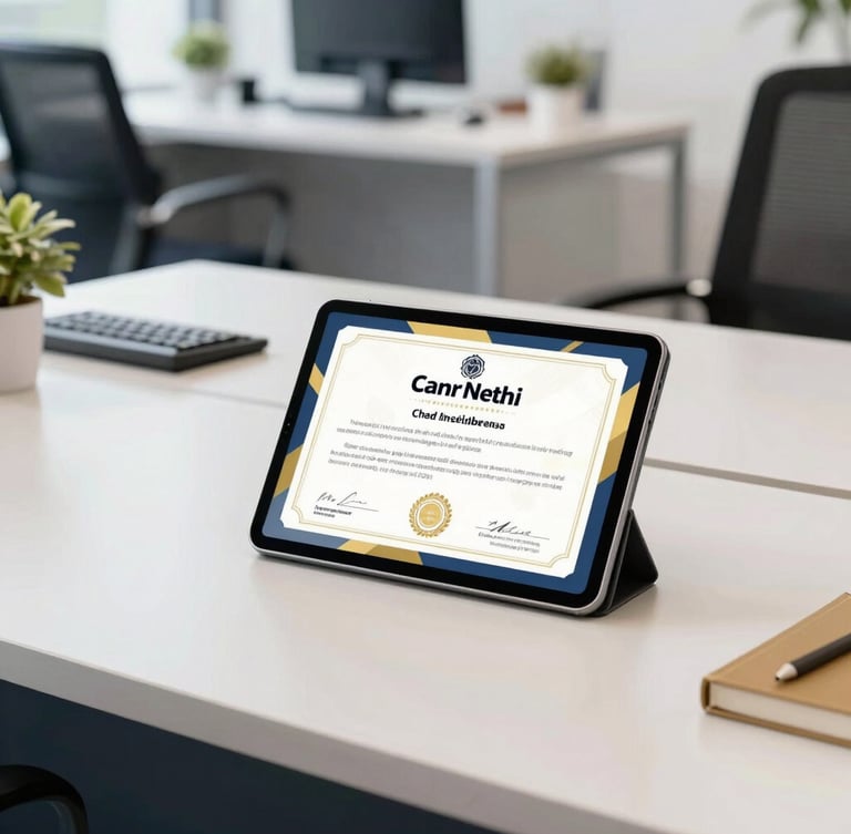 A bright, clean corporate office in New Delhi, an organized desk with a digital tablet showing a certificate, warm gold and deep navy accents, natural daylight, 35mm
