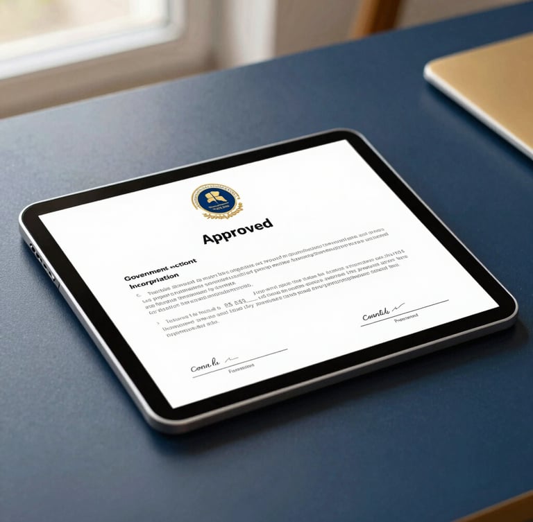 Close-up of a digital tablet displaying an approved government incorporation certificate on a clean navy-toned desk, sharp focus, warm morning light