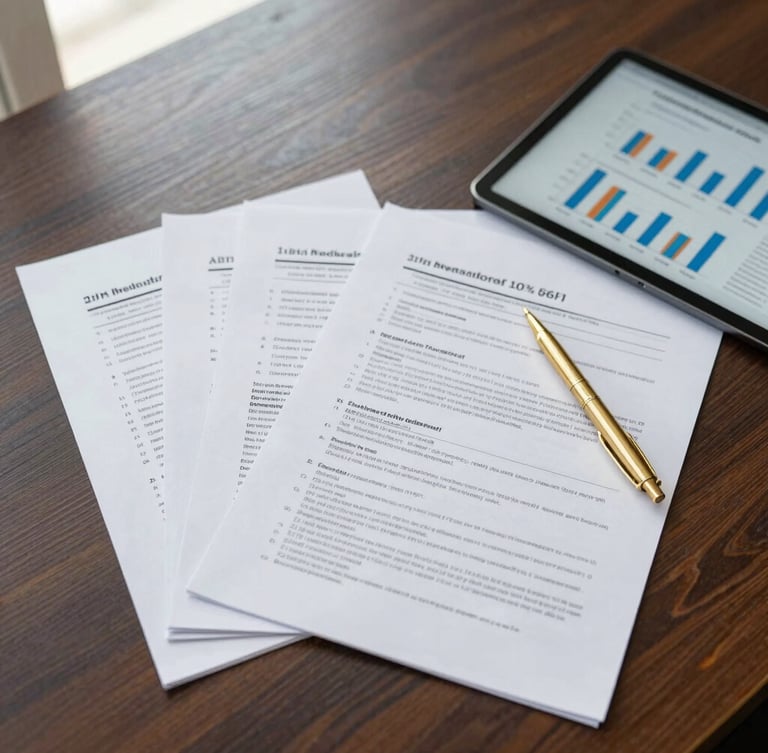 Flat-lay of neatly organized tax documents, a gold pen, and a tablet displaying clean financial charts on a dark wooden desk, bright natural office daylight, 35mm