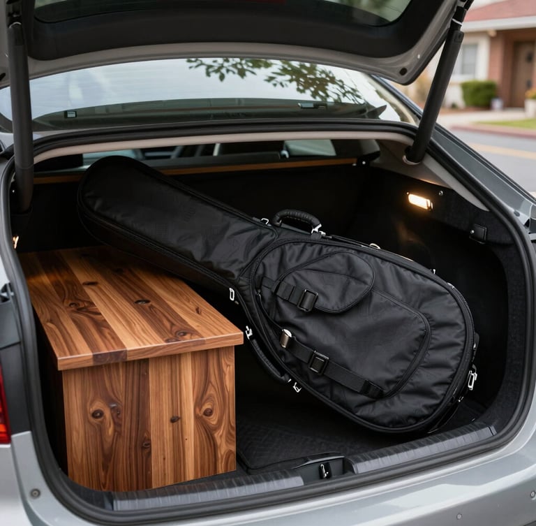 Realistic workshop photo of a standard black gig bag being carefully loaded into a clean car trunk on a neighborhood street, natural daylight