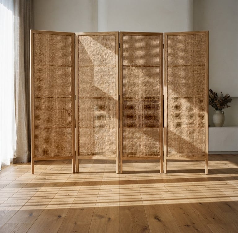 Straight-on architectural photograph of a folding rattan screen filtering warm morning sunlight, creating dramatic linear shadows on a natural oak floor, 35mm