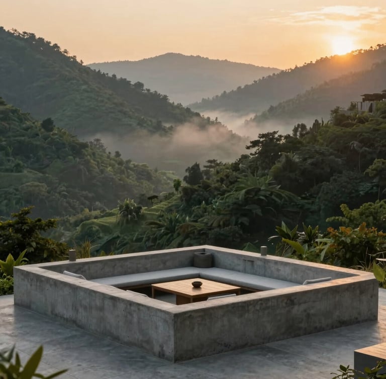 Vertical architectural portrait of a raw concrete outdoor lounge overlooking mist-shrouded green valleys, warm ambient sunset lighting