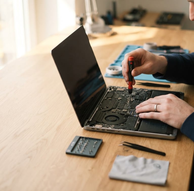 Close-up of hands carefully repairing an open MacBook on a clean light wood workbench, natural daylight filtering from a window, shallow depth of field. The repair is precise and focused, with tools neatly arranged. Generous negative space on the left.