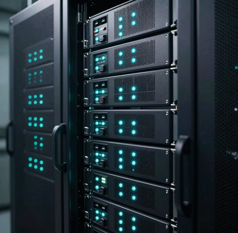 Close-up of high-density server racks in a secure facility, glowing cyan indicators, low-key dramatic studio lighting