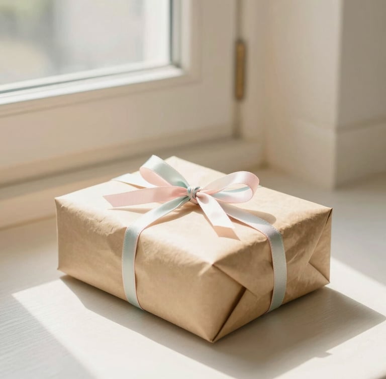 A parcel wrapped in brown paper and tied with a delicate pastel ribbon sitting on a sunny doorstep, soft shadows, warm cream tones