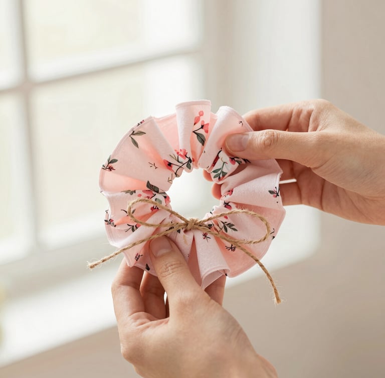 Hands carefully wrapping a delicate pink floral scrunchie in soft tissue paper, tied with a rustic twine bow, bright natural light, shallow depth of field.