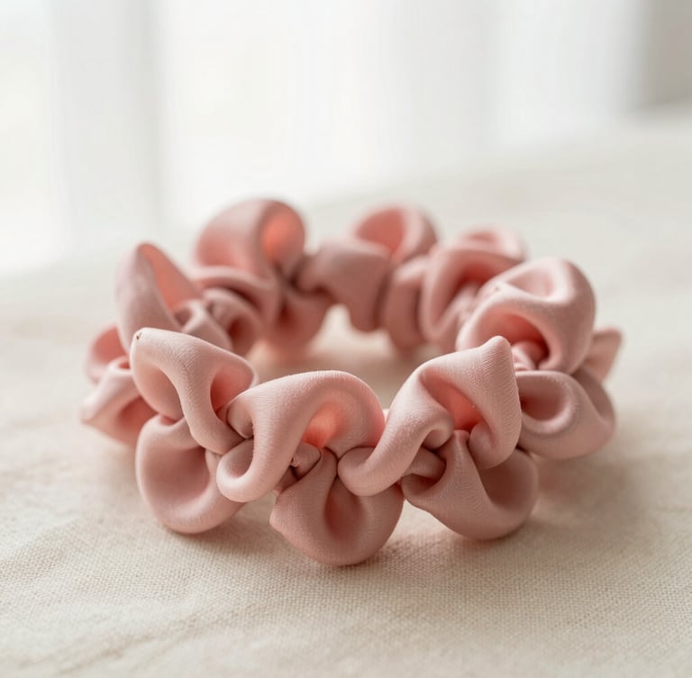 Macro close-up of a soft rose-toned floral hair tie woven into a loose, messy braid, bright diffused window light, warm cream linen background, shallow depth of field, 35mm