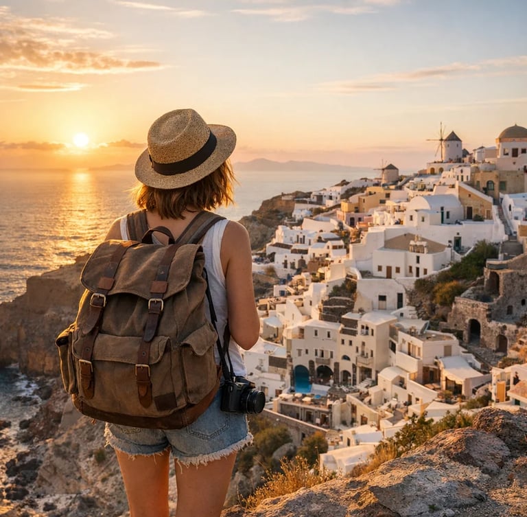 A female traveler with a backpack looks at the Oia sunset over Santorini white buildings and windmills.