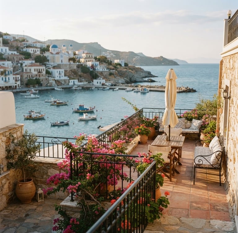 Medium-long shot of an empty sun-drenched terrace overlooking a quiet Mediterranean harbor, soft morning light, warm sand and muted ocean tones, 35mm editorial photography.