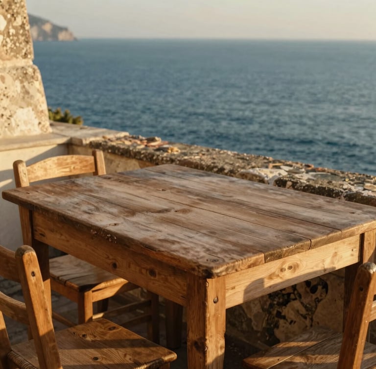 A rustic wooden table overlooking the deep blue sea in Amalfi, warm golden hour light, soft shadows, weathered stone wall, shallow depth of field, 35mm photography