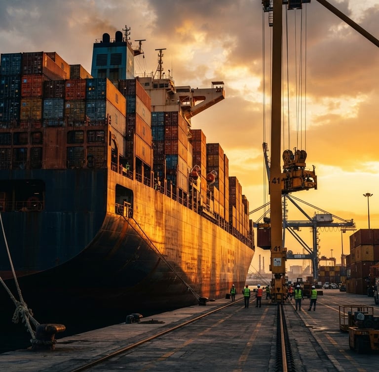 Low-angle cinematic shot of a massive container ship docked at a modern industrial port in Saudi Arabia, dramatic golden-hour sunlight reflecting off metallic shipping containers, high contrast navy and orange tones.