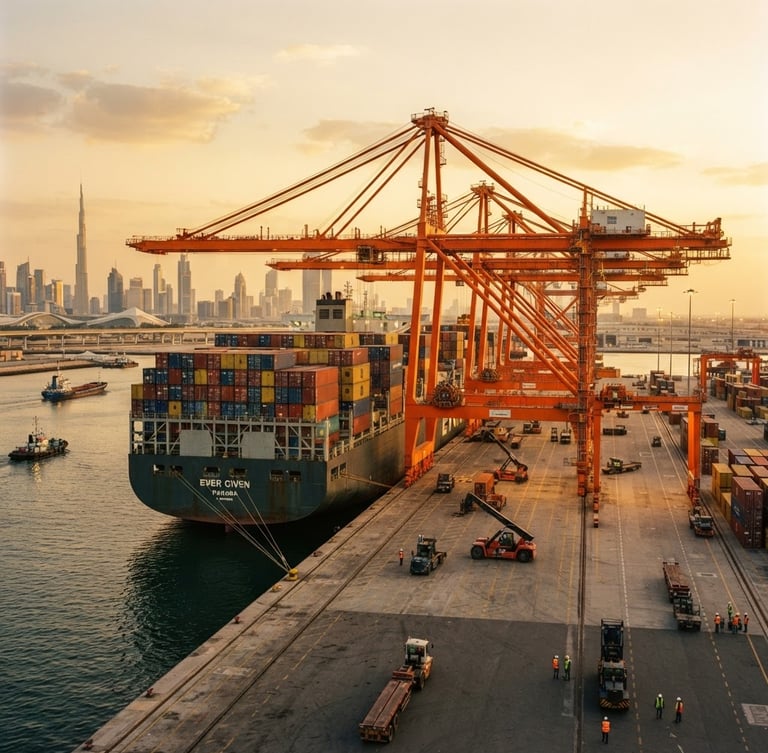 Wide-angle cinematic shot of a massive container ship docked at a modern GCC port during golden hour, high-contrast steel hulls and orange gantry cranes, 35mm