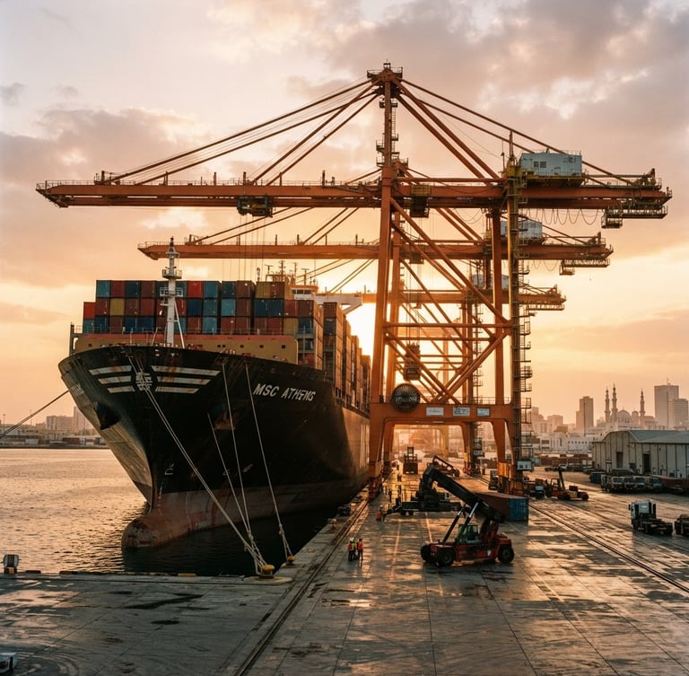 Low-angle cinematic industrial photography of a massive container ship docked at a modern GCC port during golden hour, high-contrast steel hulls and orange gantry cranes, 35mm lens
