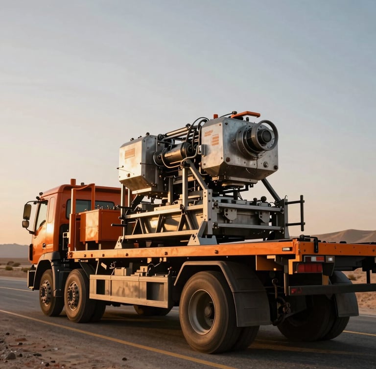 Low-angle close-up of secured industrial machinery on a heavy-duty flatbed truck on a desert highway during golden hour, high-contrast steel and orange tones.