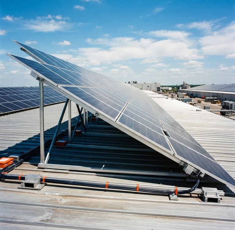 Low-angle heroic shot of an industrial solar panel array on a metal roof under bright daylight, crisp shadows, sharp engineering details, 35mm.