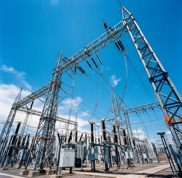 Low-angle heroic shot of a high-voltage electrical substation with steel gantry structures against a bright blue Mexican sky, sharp industrial photography, 35mm