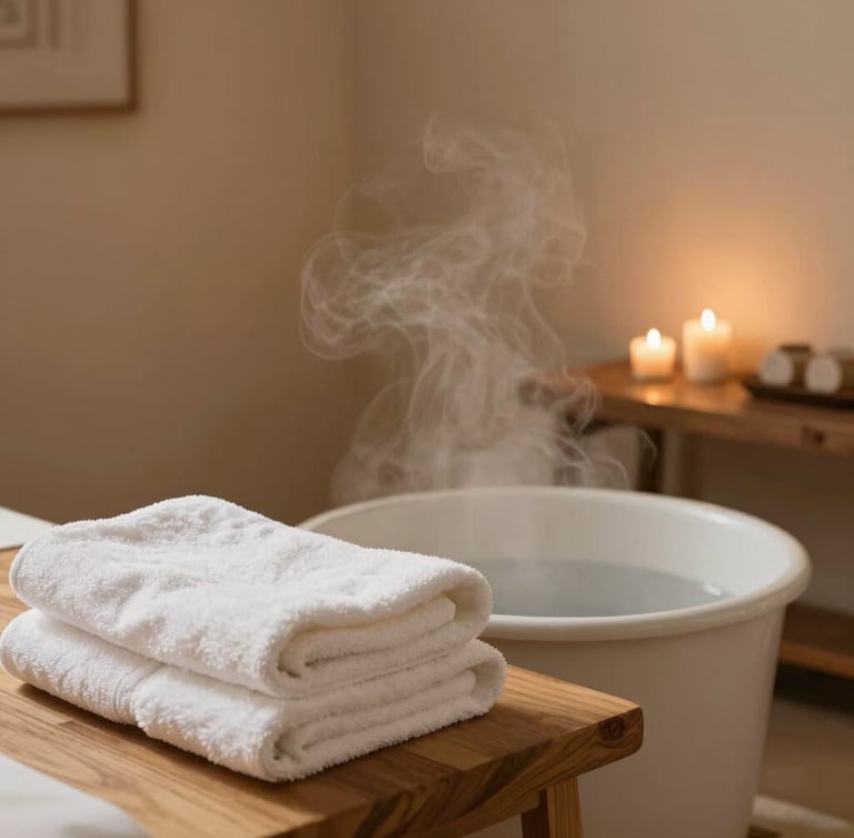 Serene minimalist treatment room, soft diffused natural light, warm sand and terracotta tones, folded white cotton towels on a wooden table, steam rising from a warm foot soak