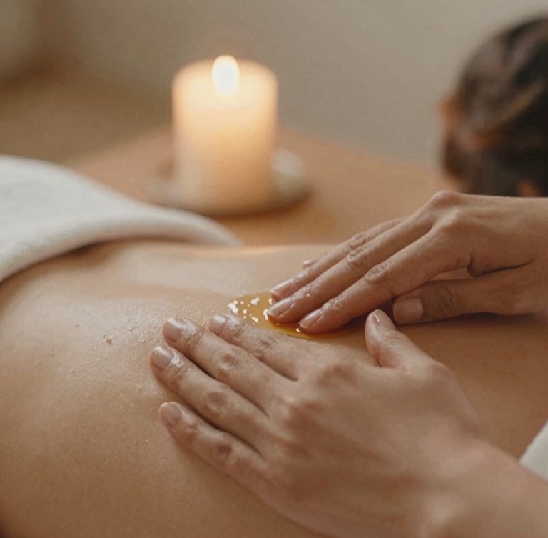 Close-up of hands applying warm essential oil on skin, soft candlelit ambiance, warm sand tones, shallow depth of field, 35mm film aesthetic