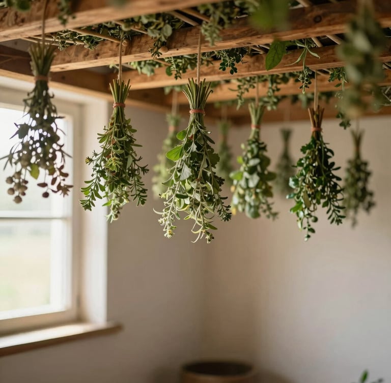 Wide shot of a rustic drying room, bundles of wild herbs hanging from wooden beams, soft warm sunlight streaming through a side window