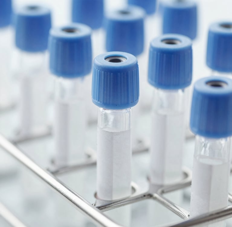 A macro close-up of clinical specimen vials in a sterile metal rack, bright high-key sterile light, cool white and slate blue tones, sharp focus, 35mm.