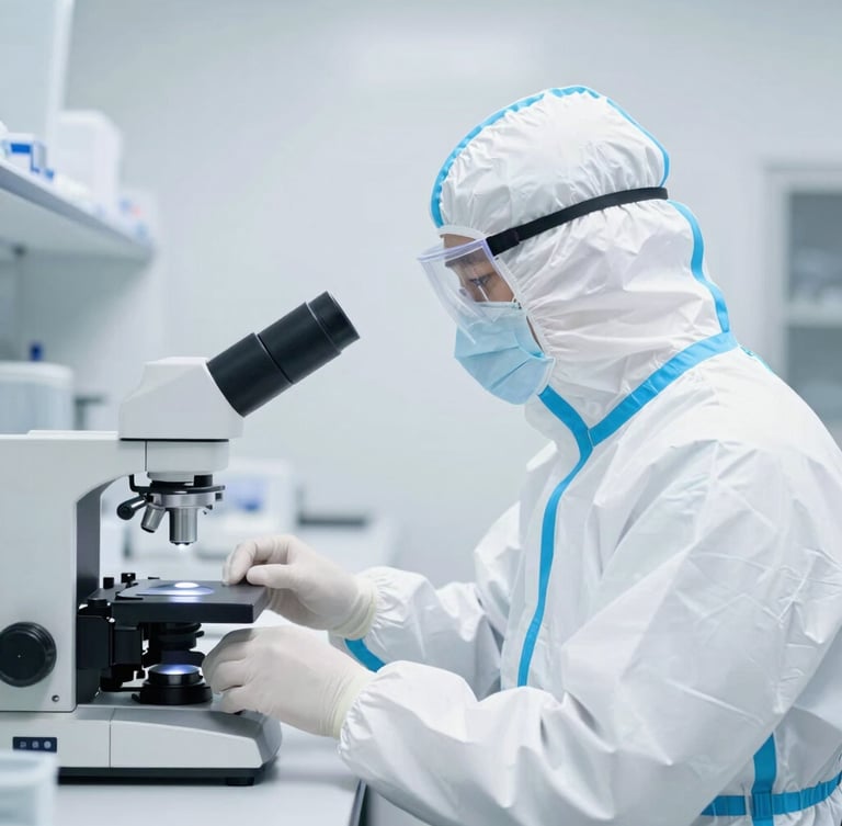 A professional medical pathologist in clean protective gear operating a digital interface in a sterile clinical laboratory, bright high-key white light, cool undertones, sharp focus, 35mm