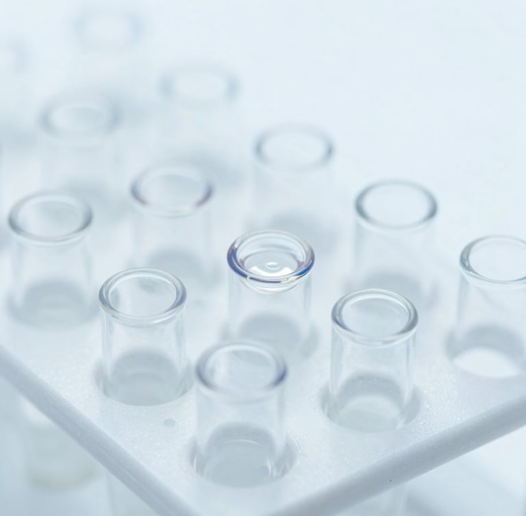 Macro close-up of clear PCR specimen vials arranged in a sterile rack, bright high-key white light with cool slate blue undertones, sharp focus on liquid meniscus