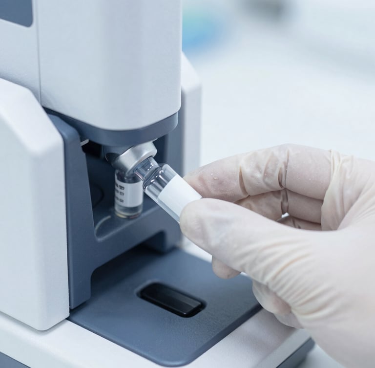 Macro close-up of a gloved hand inserting a specimen vial into an automated analyzer, sterile cool white lighting, sharp focus, 35mm
