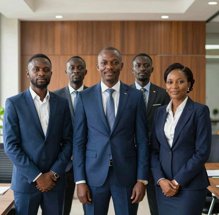 Crisp portrait of the Dreamworld executive team in a modern office in Cameroon, professional attire, natural lighting, editorial 35mm