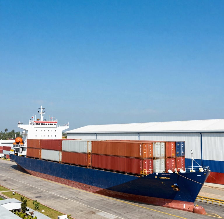 Crisp corporate photography of a modern logistics hub and shipping lanes in Cameroon, bright daylight, 35mm