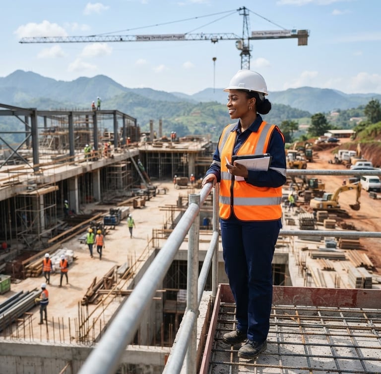 A professional Cameroonian female engineer in a safety helmet and high-visibility vest looking over a modern construction site in Dschang, bright natural daylight, crisp corporate photography, 35mm