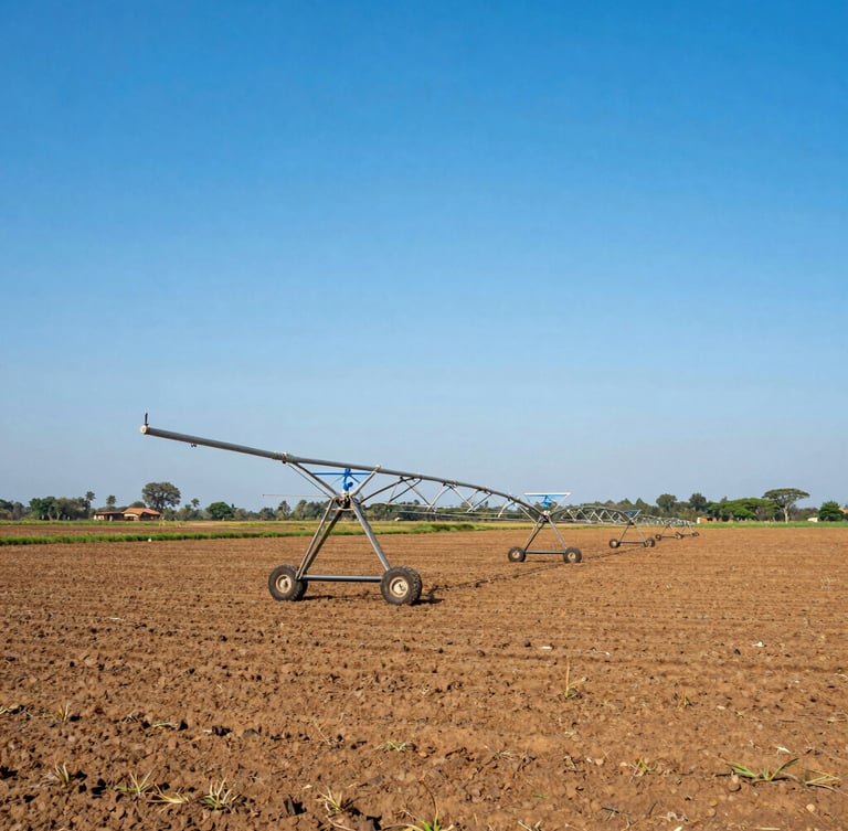 Agricultural fields with high-tech irrigation in Dschang, Cameroon, bright natural daylight, crisp corporate photography, 35mm