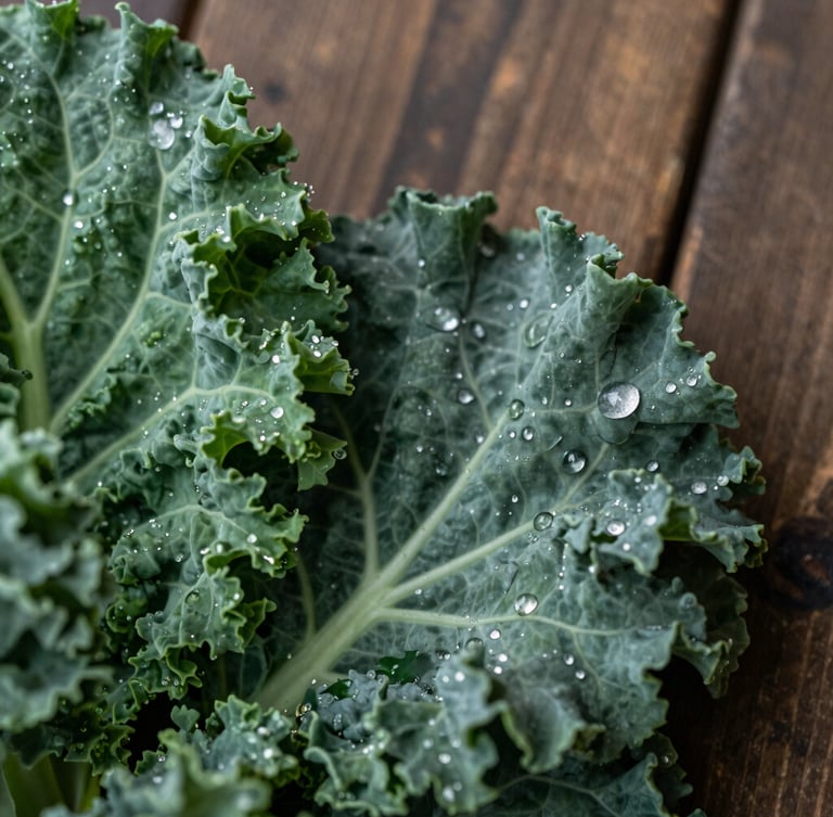 Close-up macro shot of crisp heirloom kale leaves with morning dew drops, soft diffused north-facing natural daylight, moody shadows, rustic wooden background.