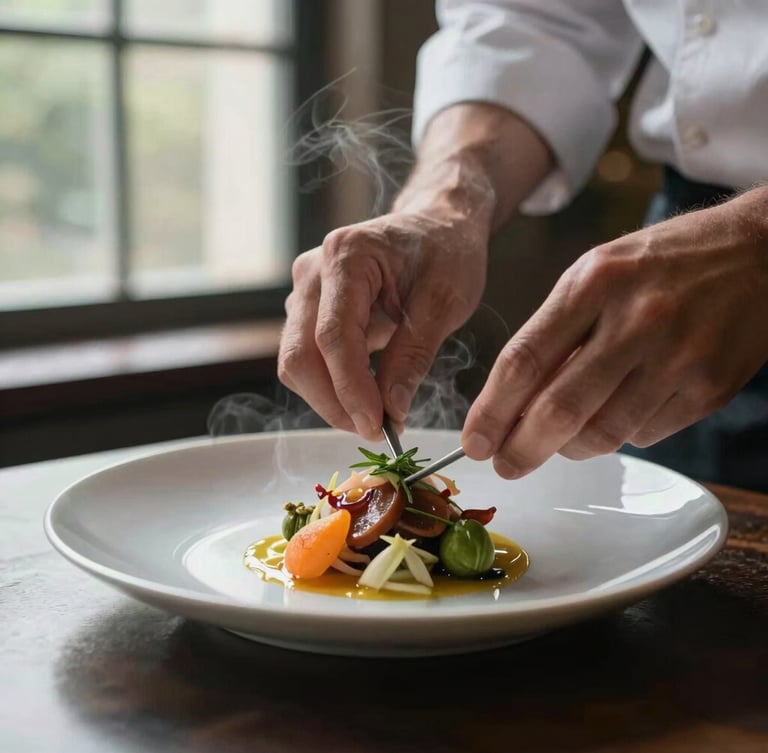 Close-up macro shot of a chef's hands carefully plating a vibrant dish, steam rising softly, natural north-facing window daylight, moody shadows