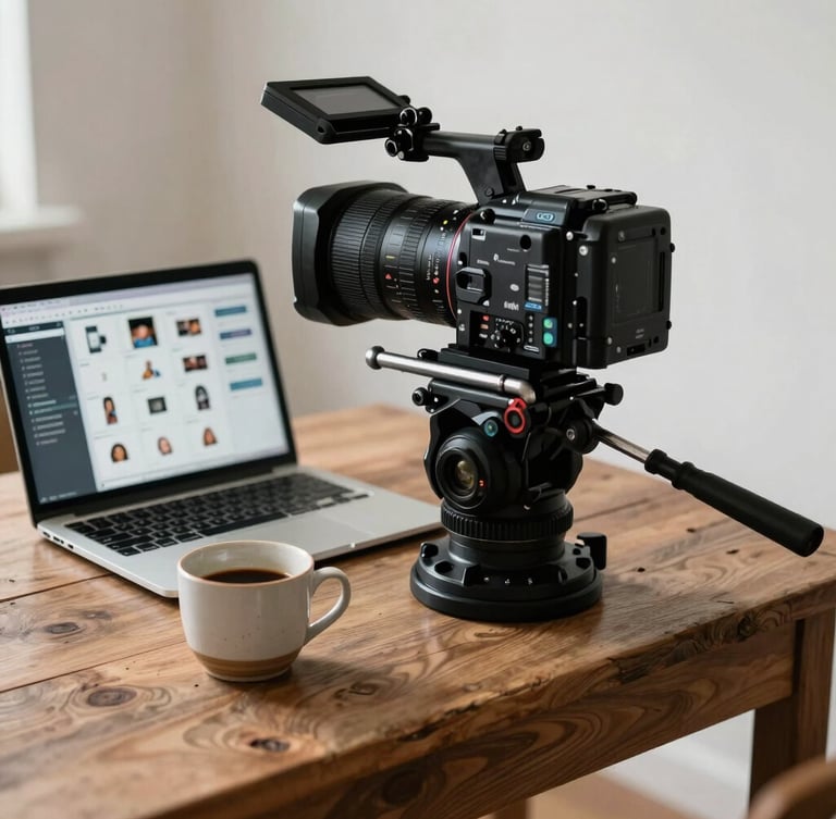 Candid behind-the-scenes shot of a camera rig positioned over a rustic wooden table, a laptop displaying a social grid next to a ceramic coffee cup, soft diffused natural daylight, moody but clean shadows.
