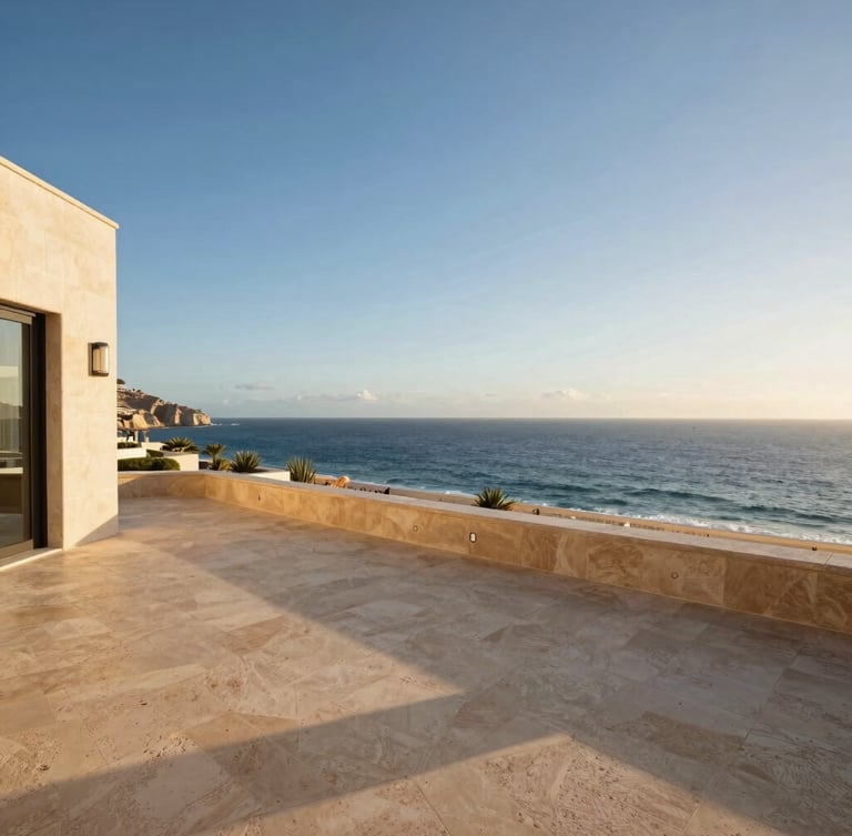 Wide-angle architectural shot of a premium villa terrace overlooking the deep blue sea in Los Cabos, warm golden-hour sunlight casting long shadows on travertine floors.